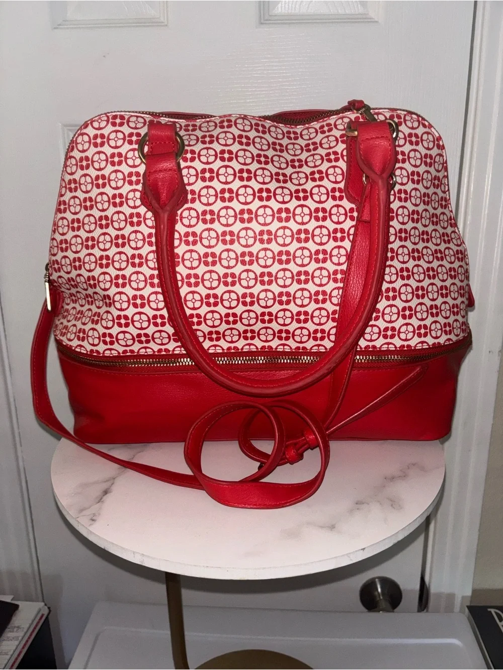 IMAN Red and White Patterned Shoulder Satchel
